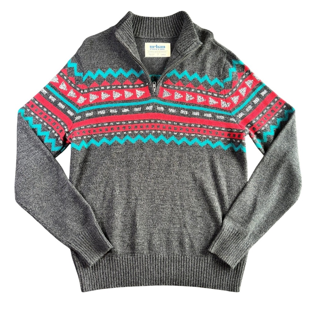 Urban Pipeline Mens Large Gray Fair Isle Geometric Quarter Zip‎ Pullover Sweater